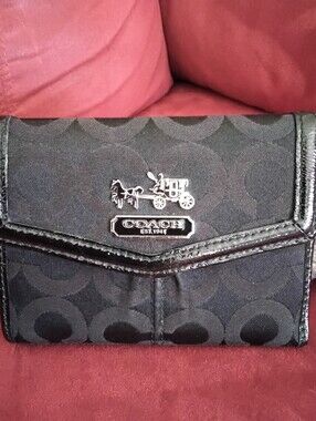 Coach Black Signature C Monogram Wallet with Silver Logo